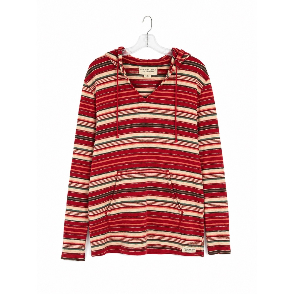 Denim & Supply Ralph Lauren Mens Large Striped Cotton Pullover Hoodie Red Multii